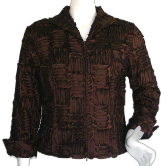 SAMUEL DONG Jacket, M, Brown, Ribbon Strips, Zipper front, Hand Wash - Picture 1 of 14